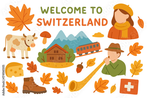 Flat Design Autumn Welcome to Switzerland Culture Icon Set