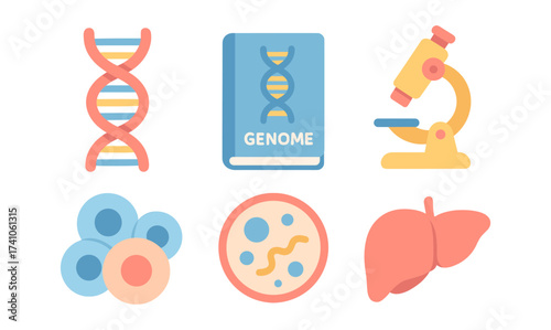 Scientific research symbols featuring dna, cells, and microscopes in flat style