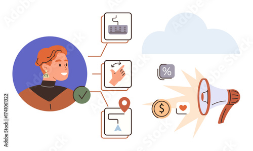 Person profile with icons for marketing actions, notification, geolocation, cloud, and speaker. Ideal for business planning, communication, marketing, advertising analytics audience engagement