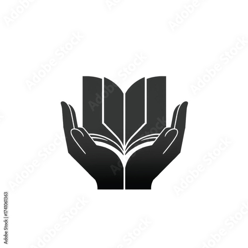 Open book held by cupped hands silhouette vector