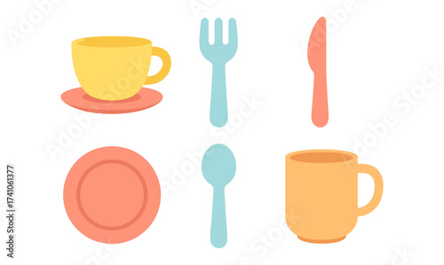 Minimalist kitchenware set with cups and cutlery in soft pastel colors