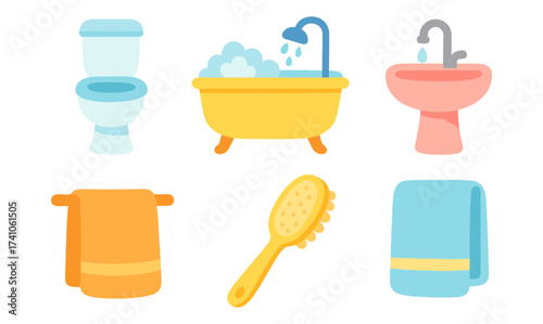 Minimalist bathroom elements set featuring bathtub, sink, toilet, and hygienic accessories in flat design