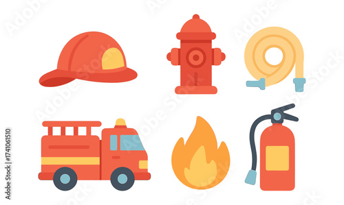 Firefighting equipment icons in flat design including truck, helmet, and extinguisher