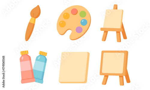 Colorful art tools: paintbrush, palette, canvases, and easels for creative projects