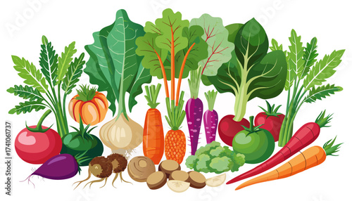 Fresh vegetables and fruits including tomato pepper apple cucumber onion garlic and lettuce arranged as a healthy organic food set isolated on white background.