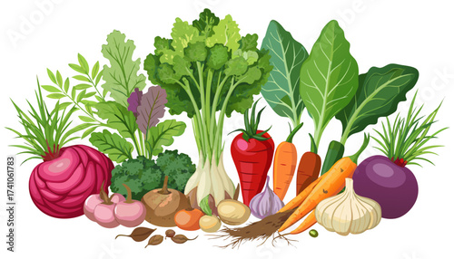 Fresh vegetables and fruits including tomato pepper onion cabbage and garlic arranged together isolated on a clean white background representing healthy organic food from the market.