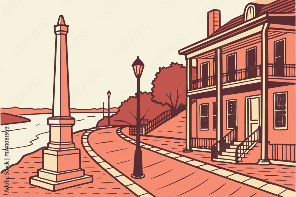 Obraz premium Vicksburg Historic District in Mississippi, red-brick riverfront streets with Civil War monuments and old facades