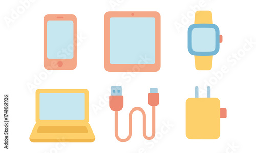 Colorful flat design gadgets: smartphone, tablet, smartwatch, laptop, usb cable, charger