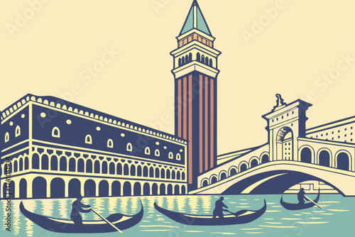 Venetian Resort in Las Vegas, Nevada, canals and gondolas beneath glowing replica campanile