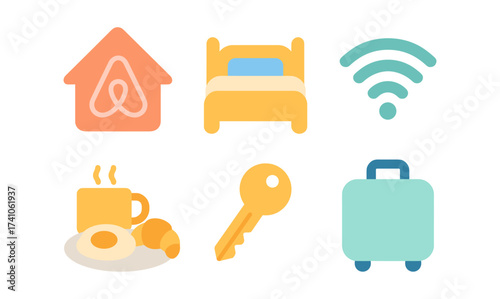 Hospitality and travel icons featuring accommodation, wi-fi, and breakfast symbols