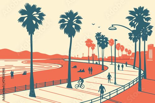 Venice Beach in Los Angeles, California, sandy shoreline with boardwalk, street performers, and palm trees