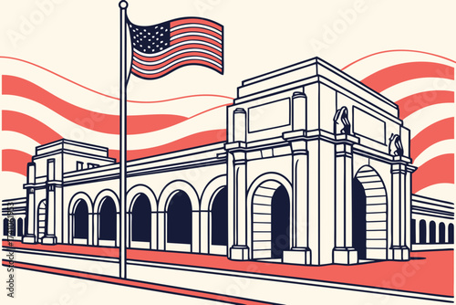 Union Station in Washington, D.C., grand neoclassical facade with arched entry and waving American flags