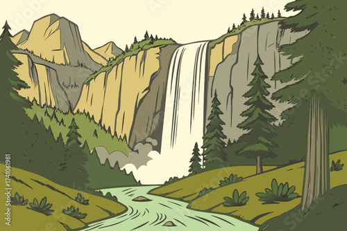 Vernal Fall in Yosemite National Park, California, powerful 317-foot drop into the Merced River canyon