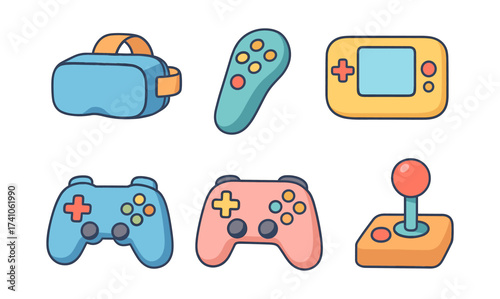 Retro gaming devices with modern vr headset in flat cartoon style
