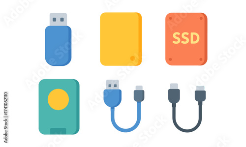 Colorful hard disk and cable icons in flat design for digital storage