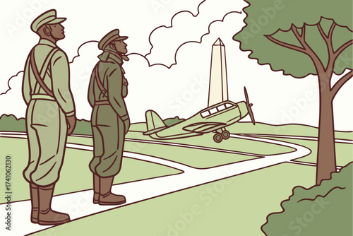 Tuskegee Airmen National Monument in Alabama, bronze pilot statues with planes in historic airfield backdrop