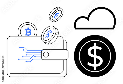 Digital wallet with circuit design and coins featuring cryptocurrency and dollar icons. Includes a cloud and large dollar sign. Ideal for finance, cryptocurrency, savings, online banking, blockchain