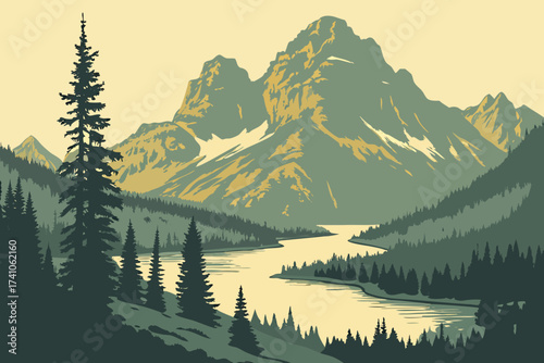 Two Ocean Lake in Grand Teton National Park, Wyoming, reflective waters bordered by dense forest and rolling ridges