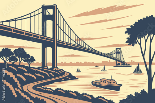 Throgs Neck Bridge in New York City, New York, suspension span stretching across Long Island Sound