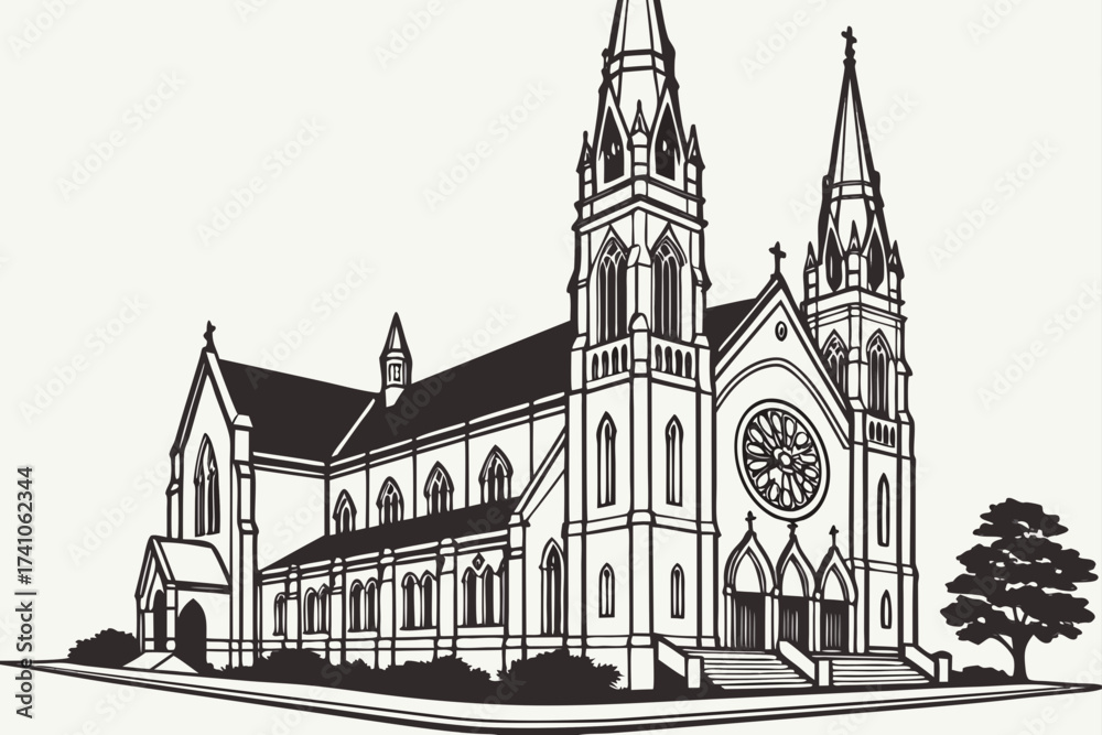 Fototapeta premium Sweetest Heart of Mary Catholic Church in Detroit, Michigan, towering twin spires with ornate Gothic facade
