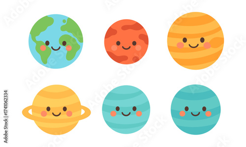 Cute smiling planets set featuring earth and mars in adorable flat style