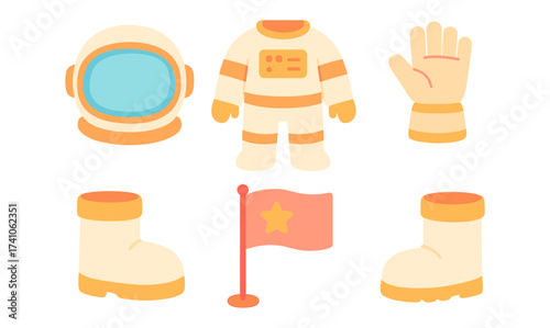 Cute cartoon space suit elements with astronaut helmet and cosmic flag