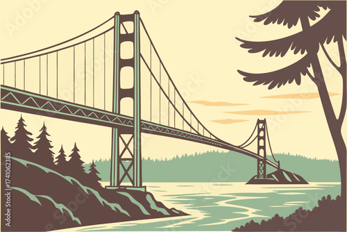 Tacoma Narrows Bridge in Washington, twin suspension towers rising above Puget Sound with sweeping shoreline views