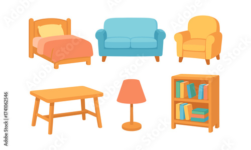 Colorful home furniture set in flat style: bed, sofa, armchair, lamp, bookshelf, table
