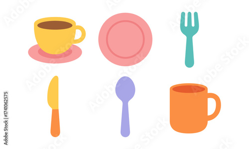 Colorful flat dining set with minimalist tableware and utensils