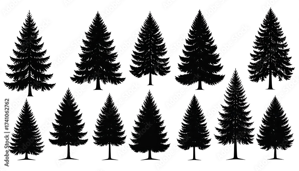 Obraz premium Collection of silhouette evergreen trees, varying shapes, dark on white