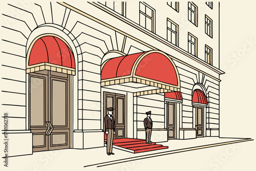 St. Regis New York in New York City, luxurious façade with red canopies and doormen in uniform