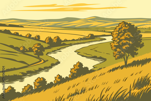 Spokane River Valley Fields in Washington, grassy clearings stretching along winding river