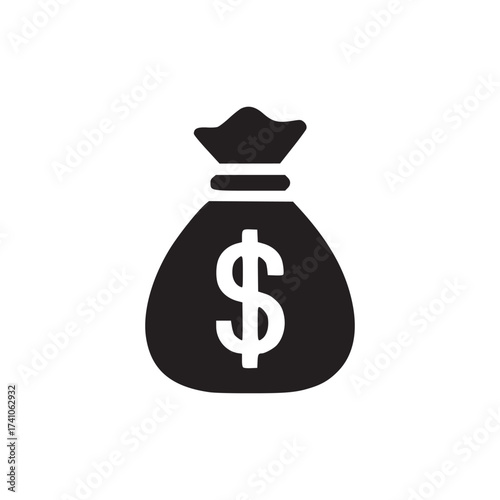 A dark blue bag of money with a dollar sign in the center on a white background simple illustration
