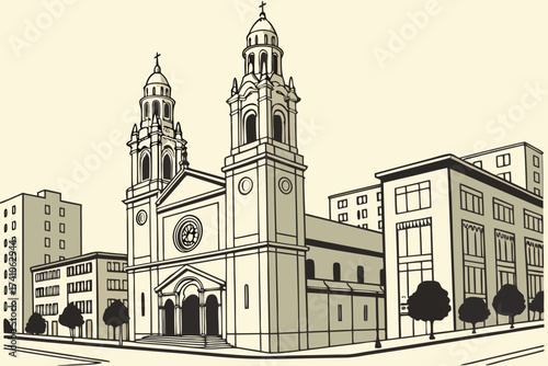 St. Anne of the Sunset in San Francisco, California, twin towers rising above stucco facade in urban neighborhood