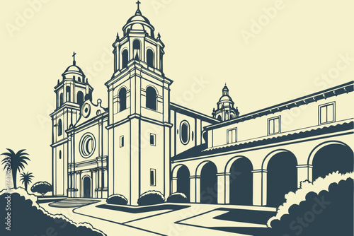 St. Andrew Catholic Church in Pasadena, California, Romanesque facade with twin bell towers and courtyard