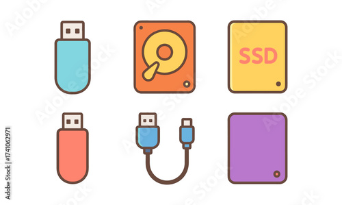 Colorful minimalistic icons of usb drives, hard drives, ssds, and cables