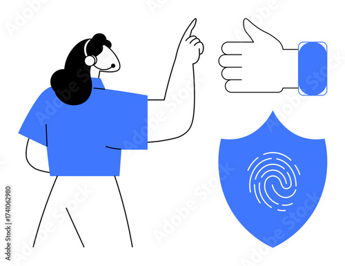 Woman pointing up alongside a thumbs-up gesture and a shield with fingerprint icon. Ideal for security, approval, validation, agreement, privacy, identity protection, trust. Simple flat metaphor