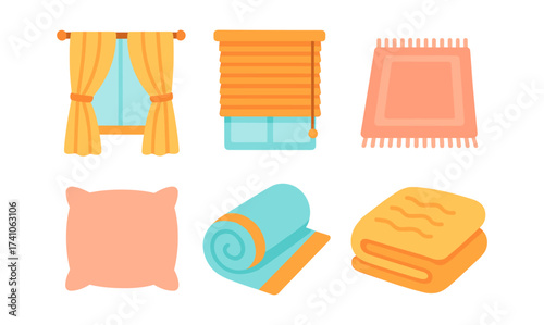 Home decor elements: curtains, blinds, rugs, pillows, rolls, towels in flat design style