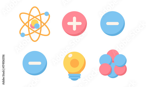 Science icon set with plus, minus, atom, light bulb, and particle symbols in flat design