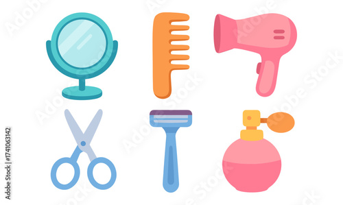 Colorful hair and beauty tools in flat design for salon and personal care