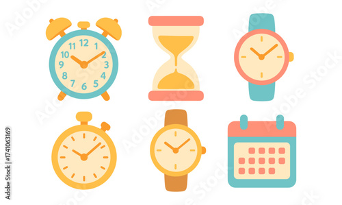 Colorful set of clocks and calendar icons in flat design