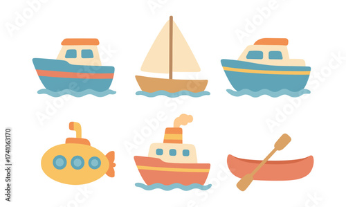 Charming nautical icons in flat design style featuring boats and submarine