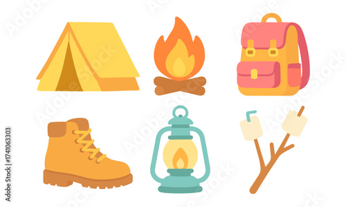 Camping gear and essentials in flat design with tent, campfire, backpack, and lantern
