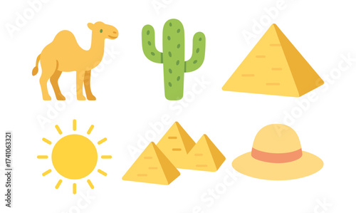 Playful desert icons: camel, cactus, pyramids, sun, and hat in flat style