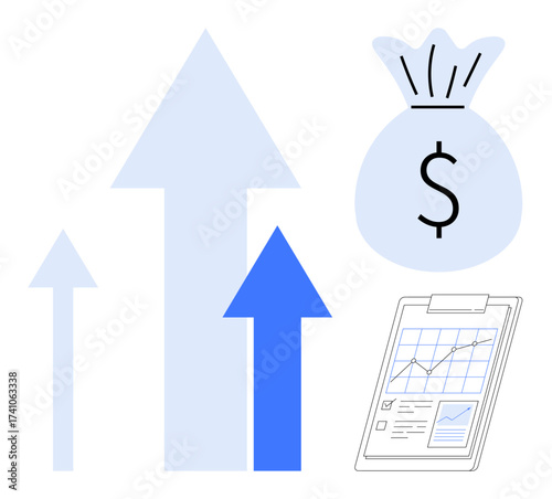 Rising arrows, money bag with dollar sign, and clipboard with a financial chart. Ideal for growth, finance, success, analysis, investment prosperity and economy. Simple flat metaphor