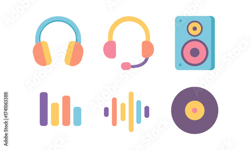 Colorful icons of audio equipment and music elements in flat design