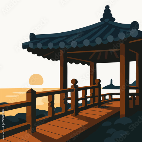 Korean Traditional Pavilion (Jeongja) at Sunset by the Sea