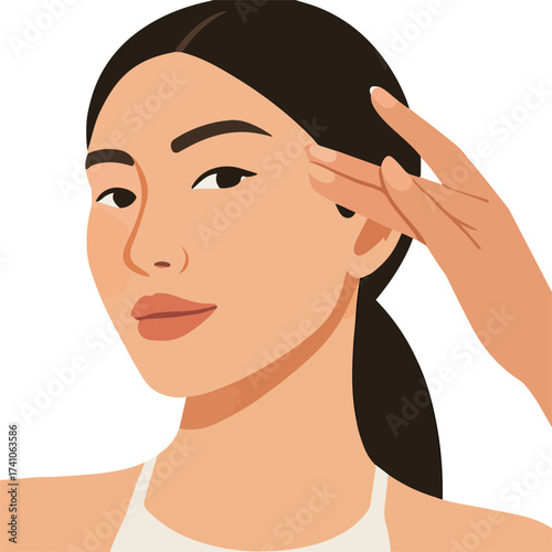 Asian Woman Applying Skincare or Checking Skin Texture