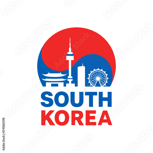 South Korea Travel and Tourism Logo with Seoul City Landmarks and Taegeuk Flag Icon