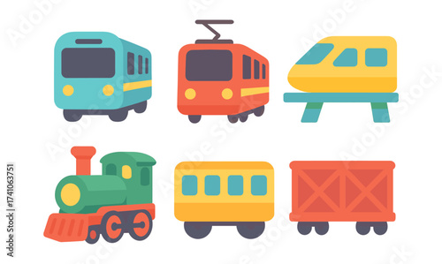 Colorful flat style train set with modern and vintage designs